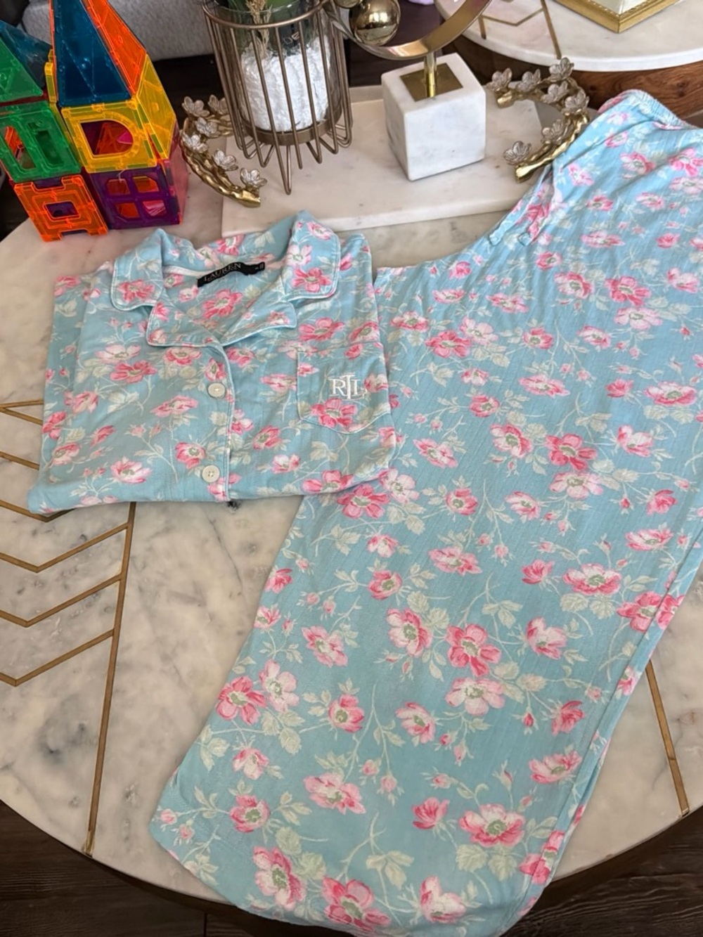 Ralph Lauren Light Blue Floral Kids Pajama Set with Pink Flowers